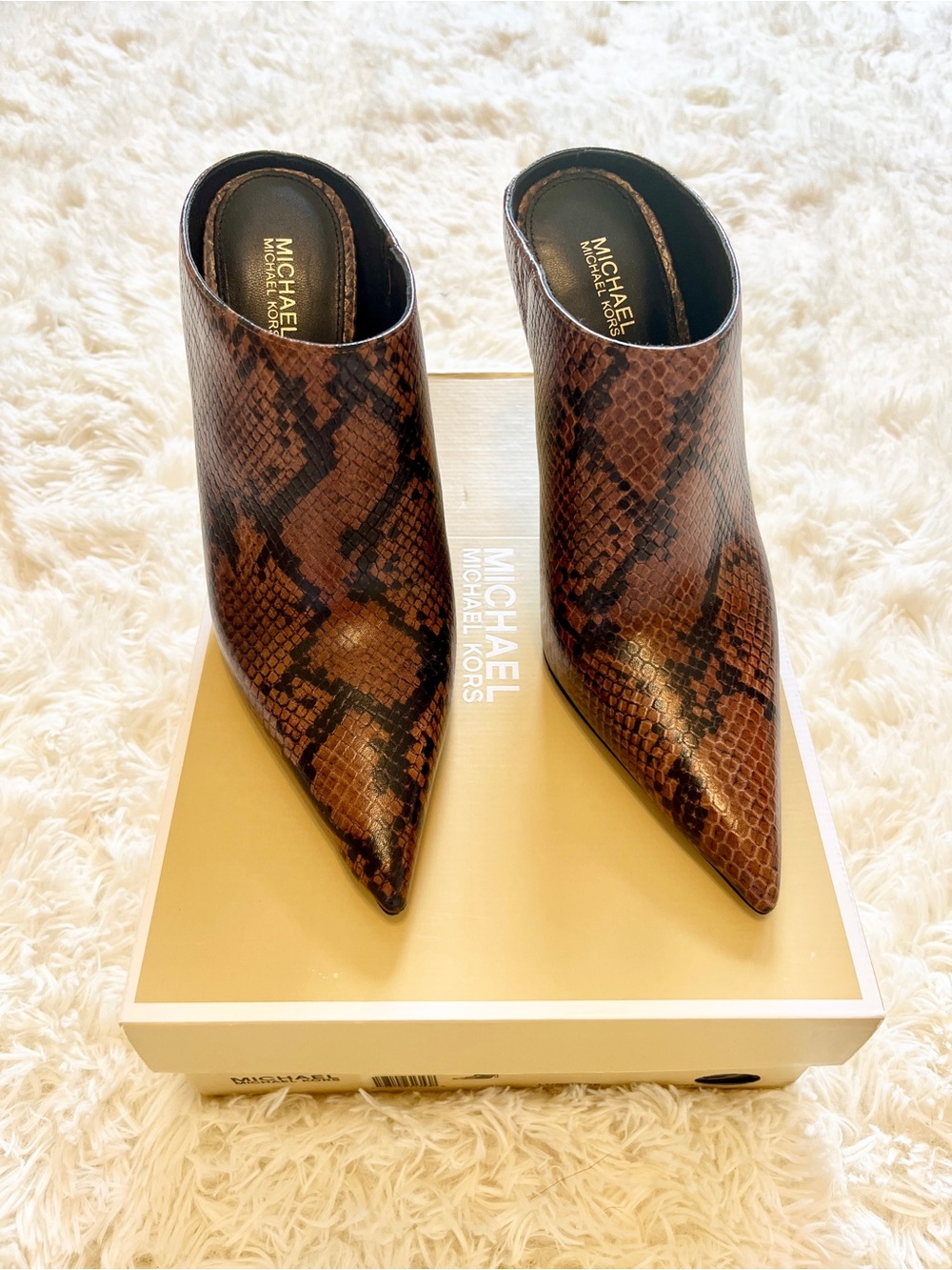 Brand New Michael Kors Women's Brown Snake-Print Pointed Toe Mules Sz 6.5